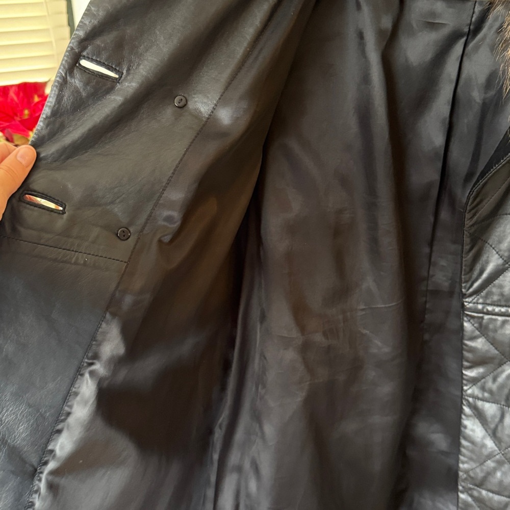 Women Sheep Leather Black Quilted Coat with Real Fur Collar size M - Picture 9 of 12